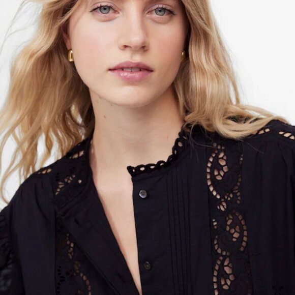 NWT Madewell Black Lace-Inset Pintucked Button-Up Top - Size: XXS - Picture 10 of 13